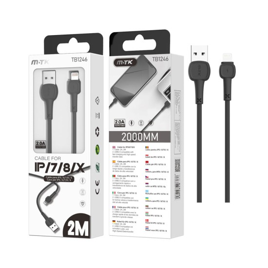 CABO RELÂMPAGO MTK TB1246 PARA IPHONE 5-11 2.4A 2M PRETO CABO RELÂMPAGO MTK TB1246 PARA IPHONE 5-11 2.4A 2M PRETO